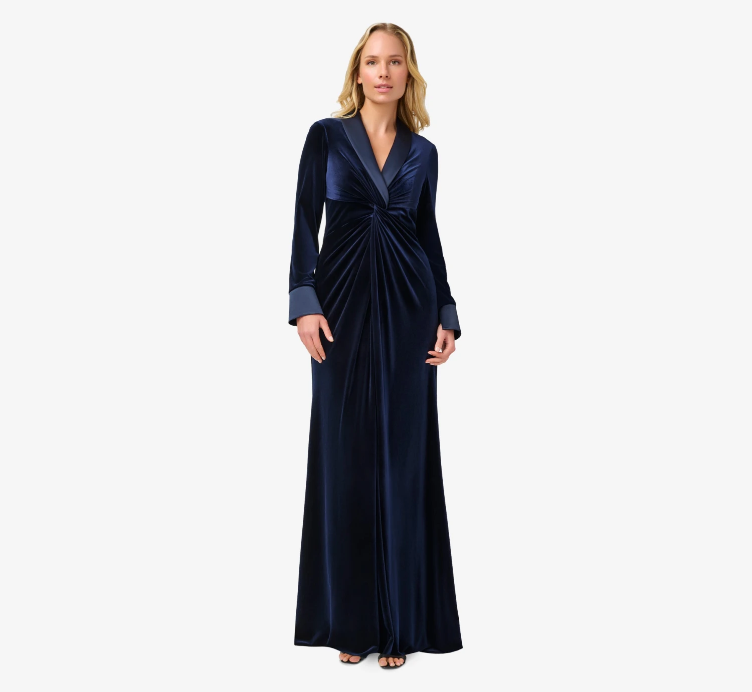 Adrianna Papell Velvet And Charmeuse Twist Front Long Tuxedo Gown In Midnight 1 Adrianna Papell Velvet And Charmeuse Twist Front Long Tuxedo Gown In Midnight