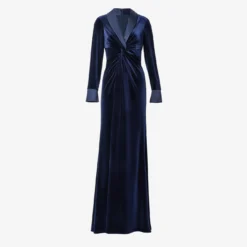 Adrianna Papell Velvet And Charmeuse Twist Front Long Tuxedo Gown In Midnight 6 Adrianna Papell Velvet And Charmeuse Twist Front Long Tuxedo Gown In Midnight -Glam Mirth Sales AP1E210007 AB411 Regular Flat