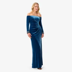 Adrianna Papell Velvet Off-The-Shoulder Long Gown With Hand-Beaded Cuff In Ocean Wave -Glam Mirth Sales AP1E210008 AU473 Regular Alternate