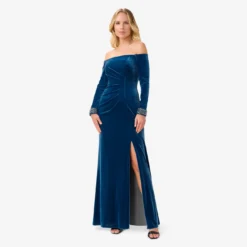 Adrianna Papell Velvet Off-The-Shoulder Long Gown With Hand-Beaded Cuff In Ocean Wave