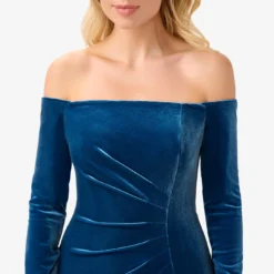 Adrianna Papell Velvet Off-The-Shoulder Long Gown With Hand-Beaded Cuff In Ocean Wave -Glam Mirth Sales AP1E210008 AU473 Regular Detail