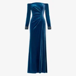 Adrianna Papell Velvet Off-The-Shoulder Long Gown With Hand-Beaded Cuff In Ocean Wave -Glam Mirth Sales AP1E210008 AU473 Regular Flat