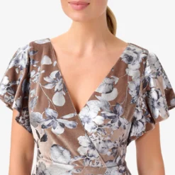 Adrianna Papell Foil Floral-Print Velvet Long Gown In Taupe -Glam Mirth Sales AP1E210012 AA254 Regular Detail