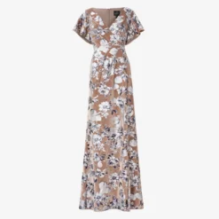 Adrianna Papell Foil Floral-Print Velvet Long Gown In Taupe -Glam Mirth Sales AP1E210012 AA254 Regular Flat