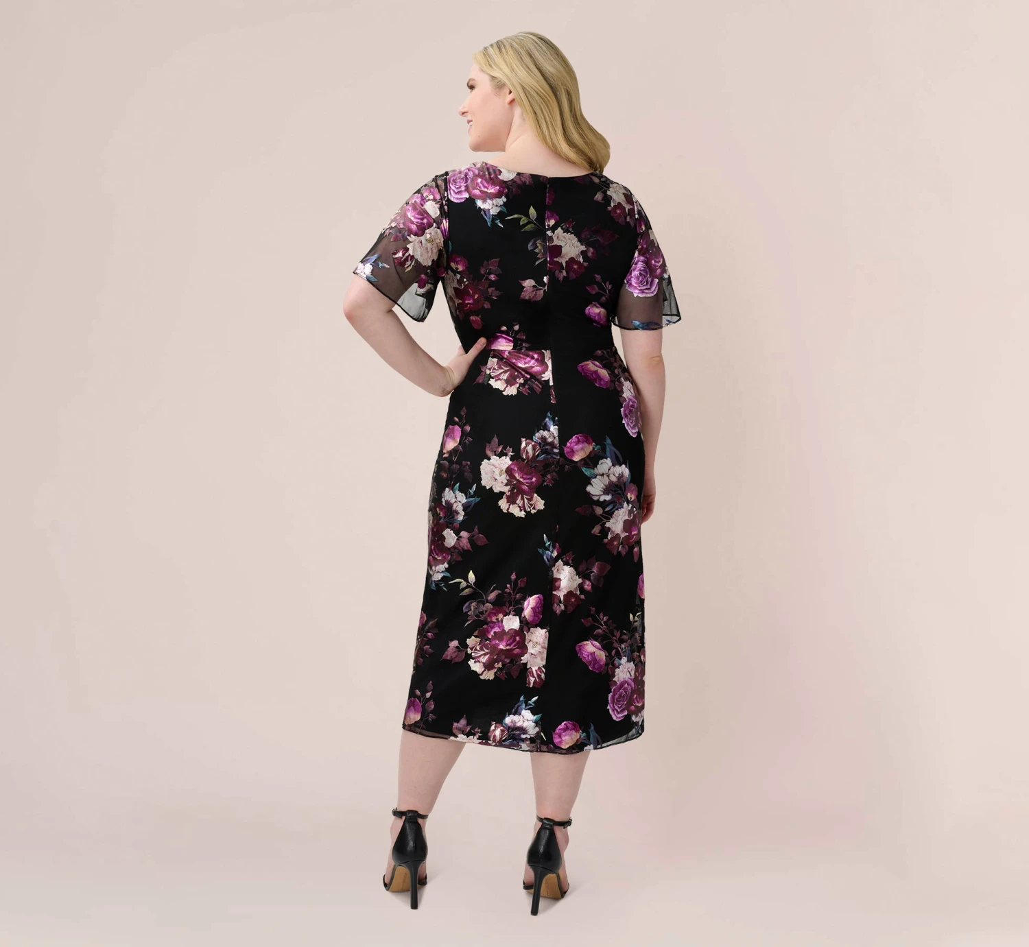 Adrianna Papell Plus Size Foiled Floral-Print Mesh Midi-Length Cocktail Dress In Black Multi 2 Adrianna Papell Plus Size Foiled Floral-Print Mesh Midi-Length Cocktail Dress In Black Multi - Image 2