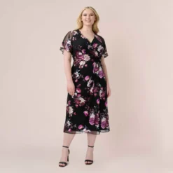 Adrianna Papell Plus Size Foiled Floral-Print Mesh Midi-Length Cocktail Dress In Black Multi