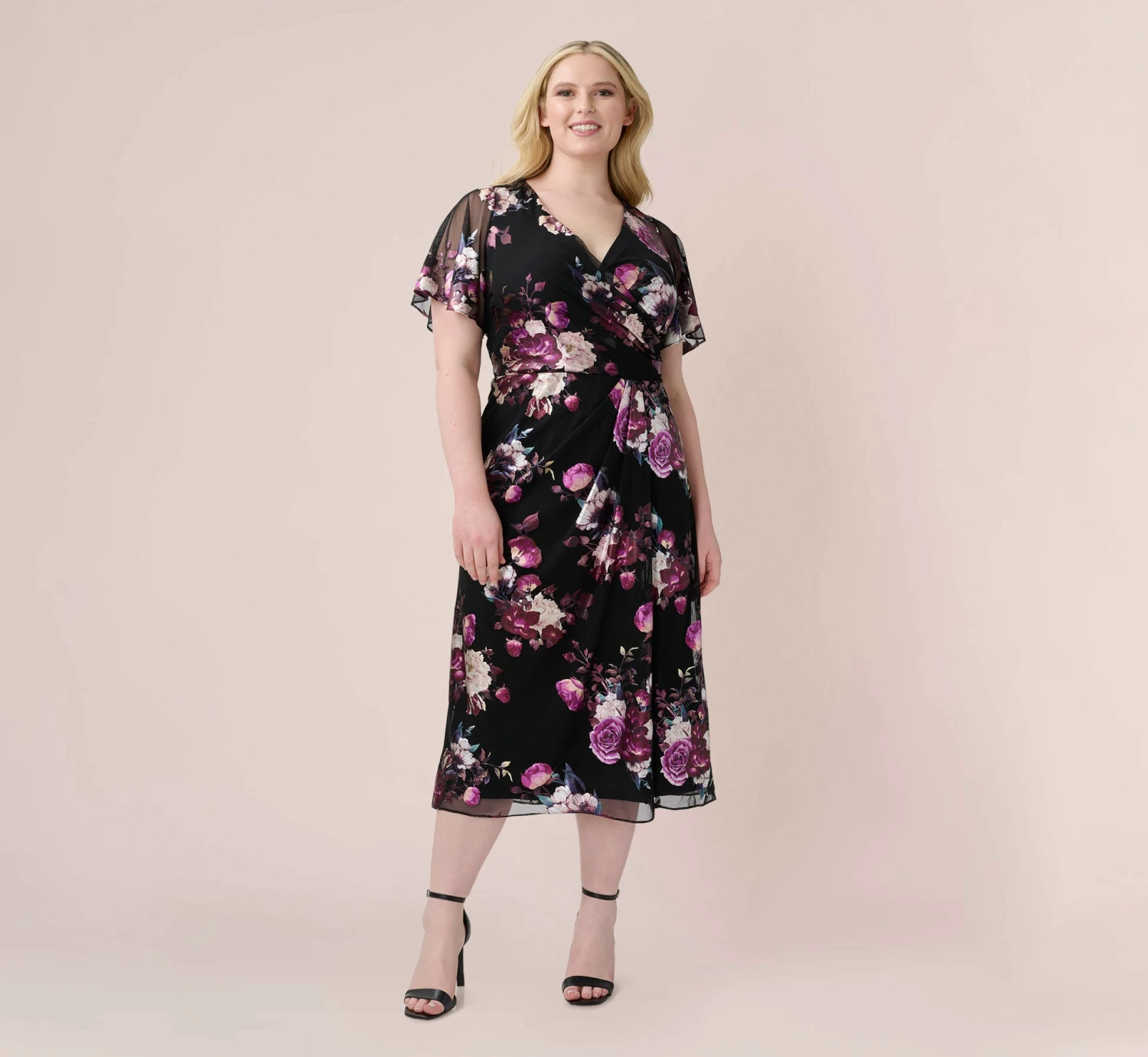 Adrianna Papell Plus Size Foiled Floral-Print Mesh Midi-Length Cocktail Dress In Black Multi 1 Adrianna Papell Plus Size Foiled Floral-Print Mesh Midi-Length Cocktail Dress In Black Multi