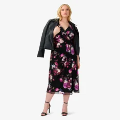 Adrianna Papell Plus Size Foiled Floral-Print Mesh Midi-Length Cocktail Dress In Black Multi 7 Adrianna Papell Plus Size Foiled Floral-Print Mesh Midi-Length Cocktail Dress In Black Multi -Glam Mirth Sales AP1E210014 AA960 Plus Lifestyle