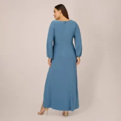Adrianna Papell Plus Size Jersey Faux Wrap Gown With Cascading Ruffle And Slit In Bluebird -Glam Mirth Sales AP1E210017 AB463 Plus Back