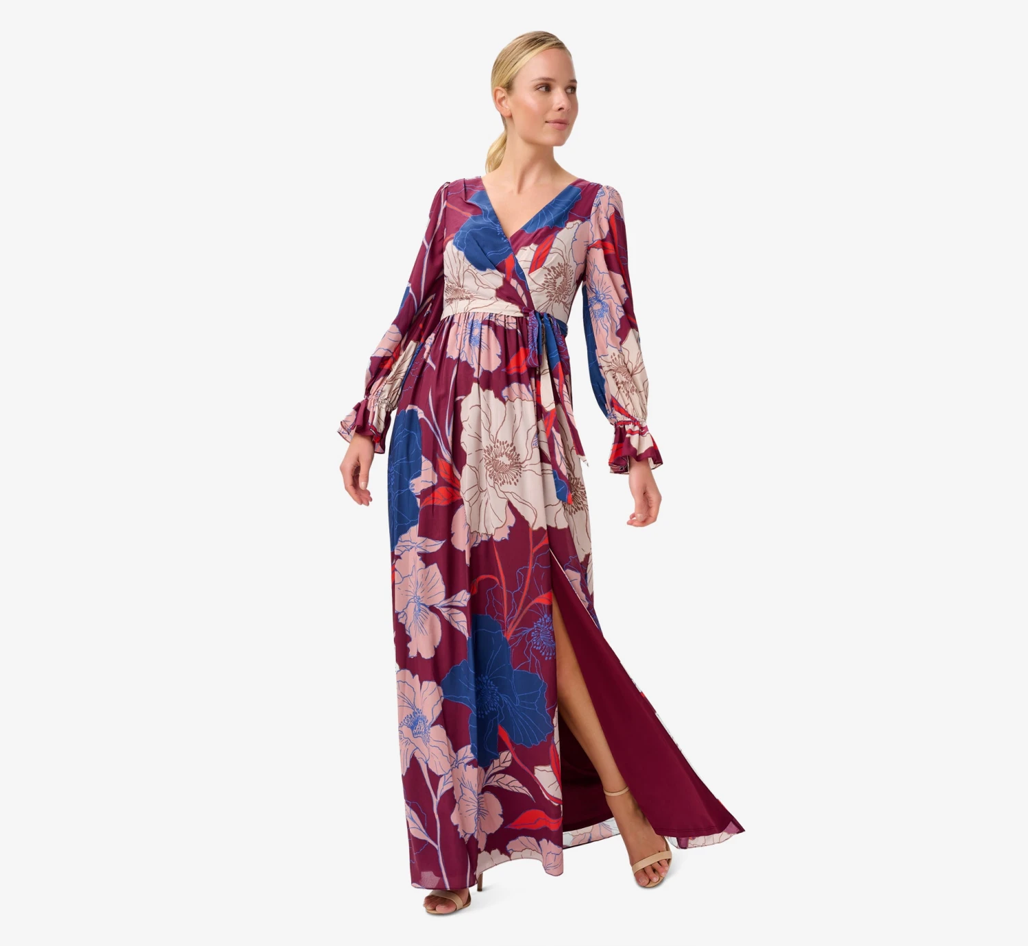Adrianna Papell Floral-Print Faux Wrap Long Chiffon Gown In Burgundy Multi 3 Adrianna Papell Floral-Print Faux Wrap Long Chiffon Gown In Burgundy Multi - Image 3