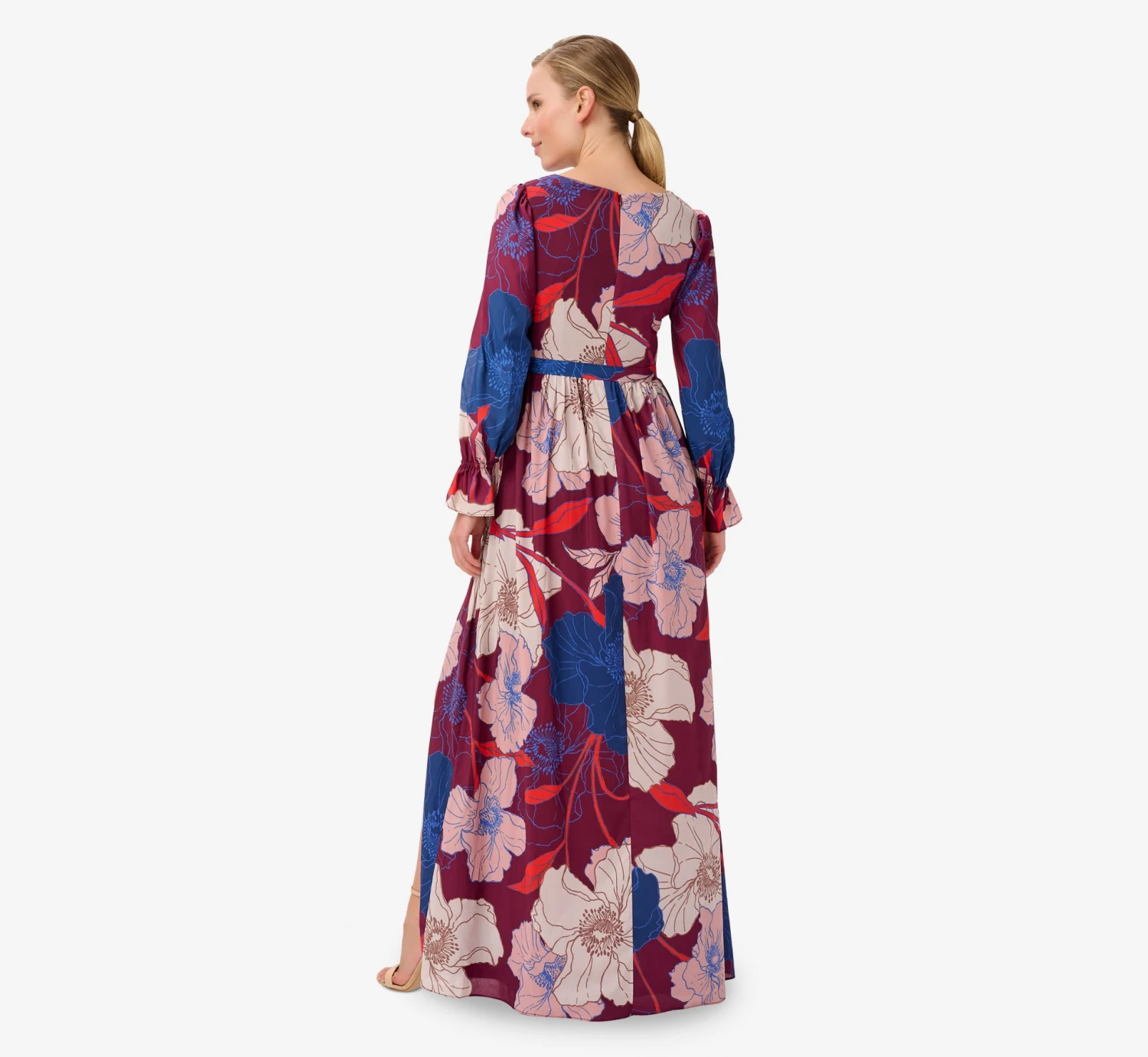 Adrianna Papell Floral-Print Faux Wrap Long Chiffon Gown In Burgundy Multi 2 Adrianna Papell Floral-Print Faux Wrap Long Chiffon Gown In Burgundy Multi - Image 2