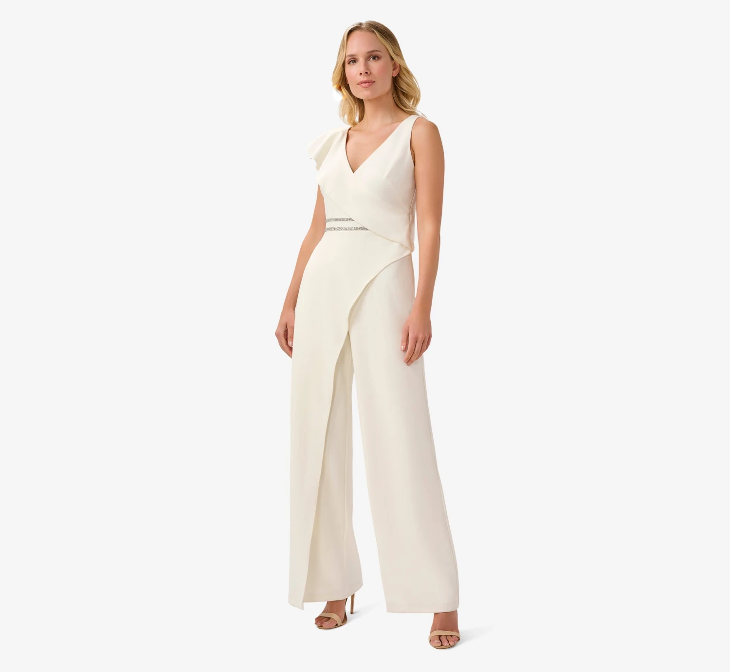 Adrianna Papell Ruffled Crepe Jumpsuit With Crystal Trim In Ivory 1 Adrianna Papell Ruffled Crepe Jumpsuit With Crystal Trim In Ivory