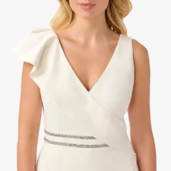 Adrianna Papell Ruffled Crepe Jumpsuit With Crystal Trim In Ivory 5 Adrianna Papell Ruffled Crepe Jumpsuit With Crystal Trim In Ivory -Glam Mirth Sales AP1E210050 AA194 Regular Detail