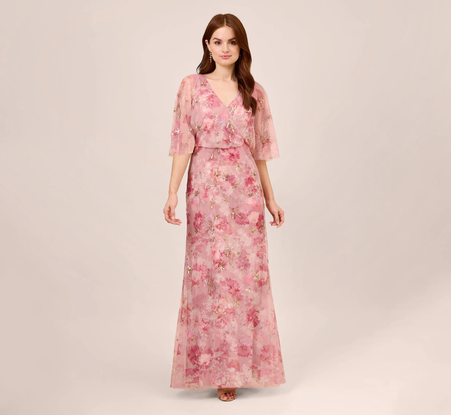 Adrianna Papell Floral-Print And Hand-Beaded Mesh Long Gown In Blush Multi 1 Adrianna Papell Floral-Print And Hand-Beaded Mesh Long Gown In Blush Multi