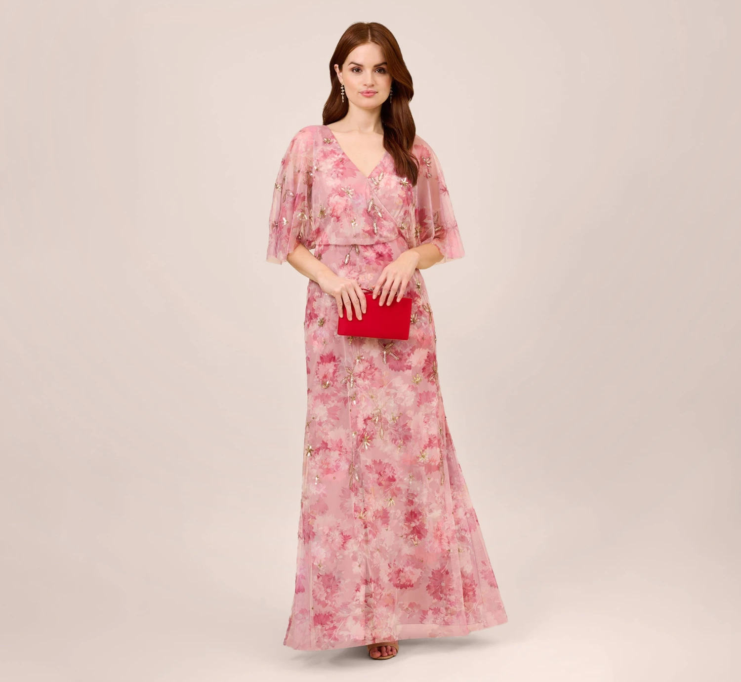 Adrianna Papell Floral-Print And Hand-Beaded Mesh Long Gown In Blush Multi 2 Adrianna Papell Floral-Print And Hand-Beaded Mesh Long Gown In Blush Multi - Image 2