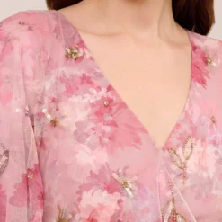 Adrianna Papell Floral-Print And Hand-Beaded Mesh Long Gown In Blush Multi 11 Adrianna Papell Floral-Print And Hand-Beaded Mesh Long Gown In Blush Multi -Glam Mirth Sales AP1E210055 AM970 Regular Side