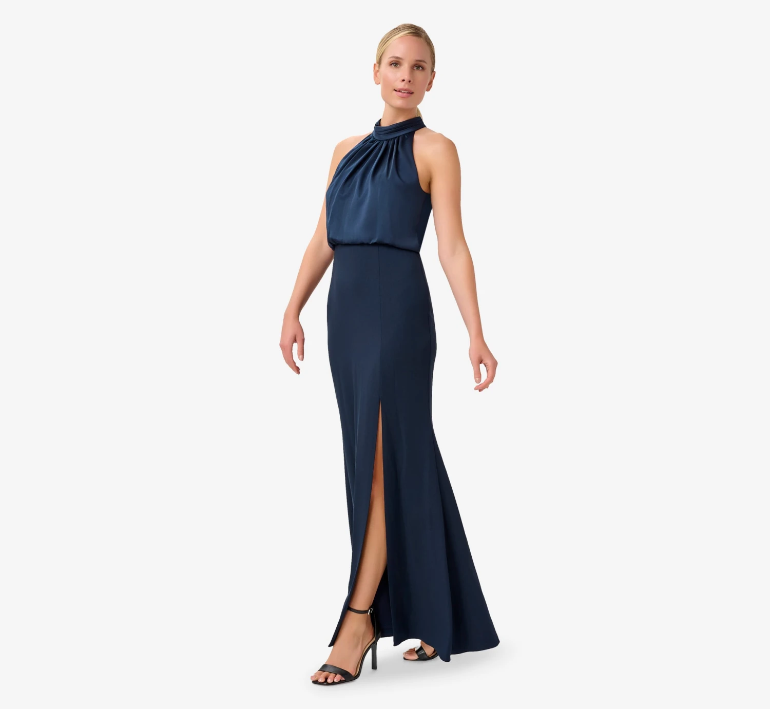 Adrianna Papell Satin Crepe Blouson Halter Long Gown In Dark Navy 3 Adrianna Papell Satin Crepe Blouson Halter Long Gown In Dark Navy - Image 3
