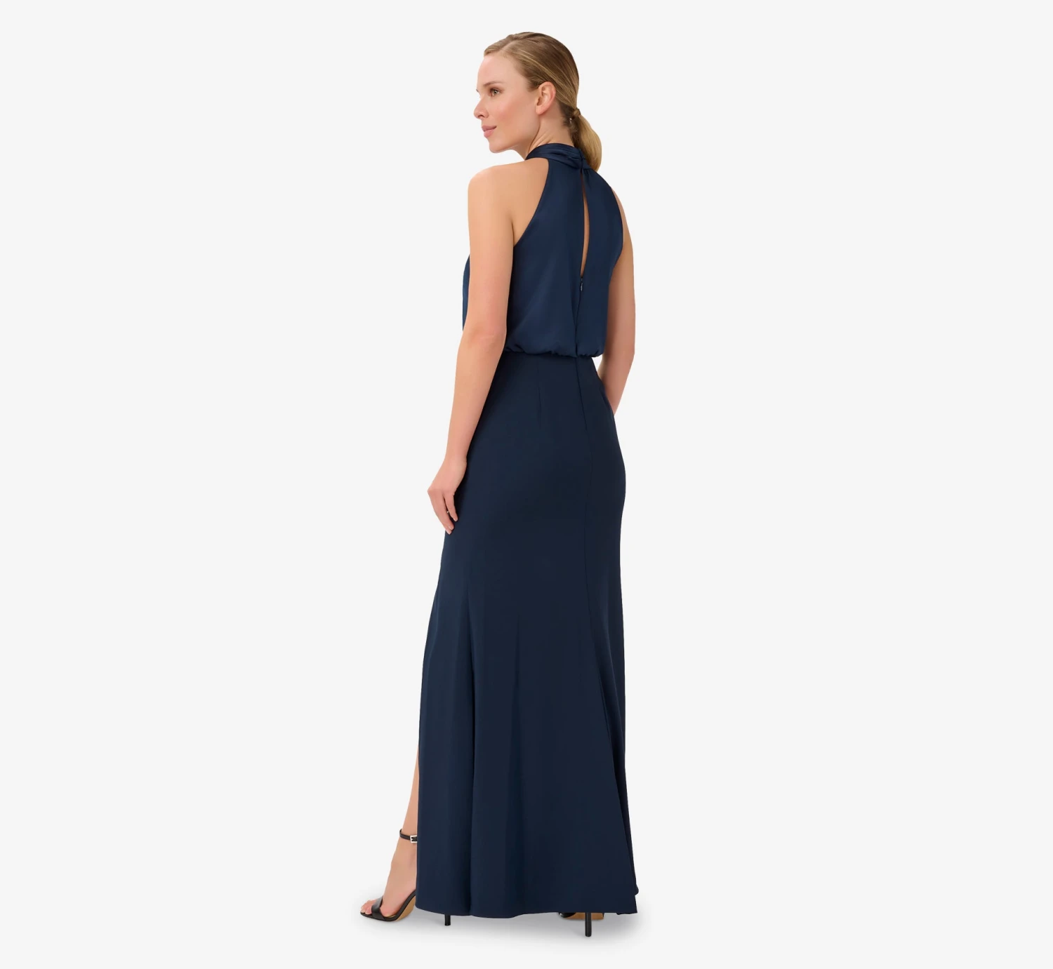 Adrianna Papell Satin Crepe Blouson Halter Long Gown In Dark Navy 2 Adrianna Papell Satin Crepe Blouson Halter Long Gown In Dark Navy - Image 2