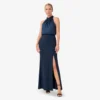 Adrianna Papell Satin Crepe Blouson Halter Long Gown In Dark Navy