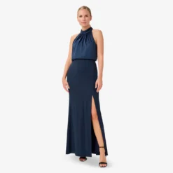 Adrianna Papell Satin Crepe Blouson Halter Long Gown In Dark Navy