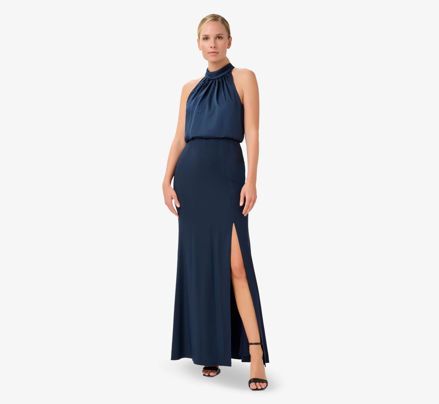Adrianna Papell Satin Crepe Blouson Halter Long Gown In Dark Navy 1 Adrianna Papell Satin Crepe Blouson Halter Long Gown In Dark Navy