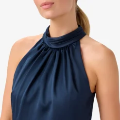Adrianna Papell Satin Crepe Blouson Halter Long Gown In Dark Navy 9 Adrianna Papell Satin Crepe Blouson Halter Long Gown In Dark Navy -Glam Mirth Sales AP1E210064 AB010 Regular Detail