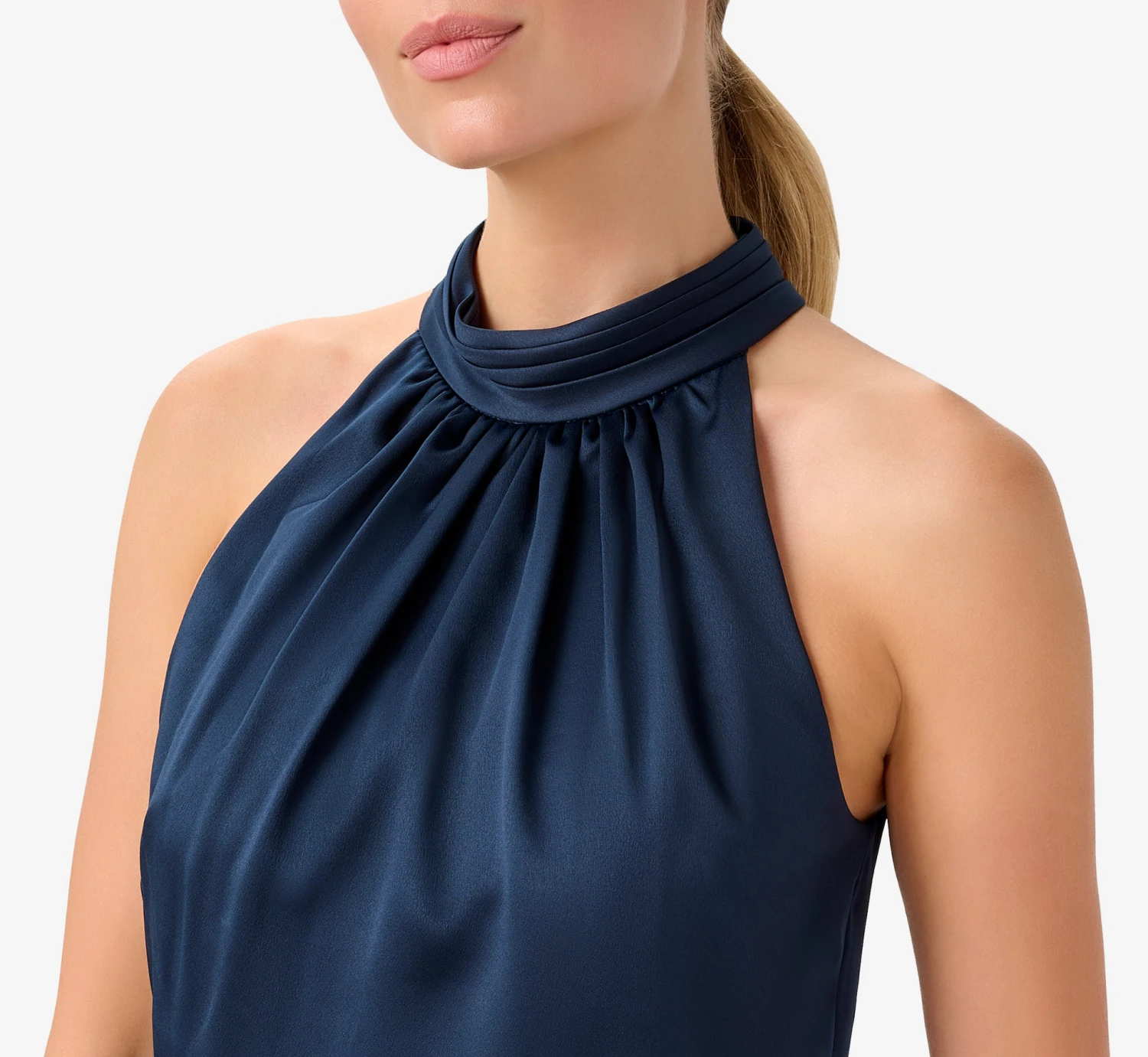 Adrianna Papell Satin Crepe Blouson Halter Long Gown In Dark Navy 5 Adrianna Papell Satin Crepe Blouson Halter Long Gown In Dark Navy - Image 5