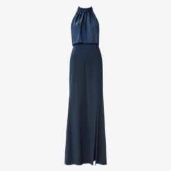 Adrianna Papell Satin Crepe Blouson Halter Long Gown In Dark Navy 8 Adrianna Papell Satin Crepe Blouson Halter Long Gown In Dark Navy -Glam Mirth Sales AP1E210064 AB010 Regular Flat