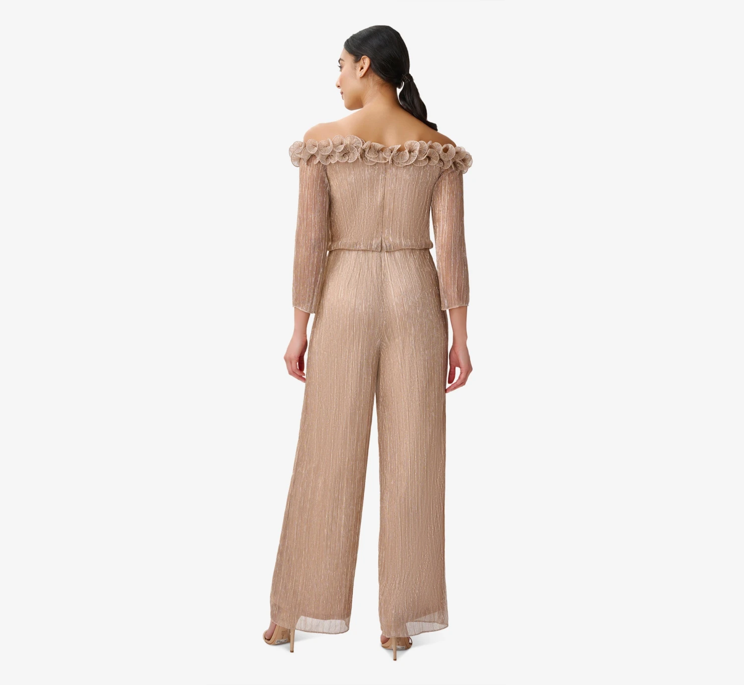 Adrianna Papell Metallic Crinkled Mesh Off-The-Shoulder Blouson Jumpsuit With Rosettes In Champagne Gold 2 Adrianna Papell Metallic Crinkled Mesh Off-The-Shoulder Blouson Jumpsuit With Rosettes In Champagne Gold - Image 2