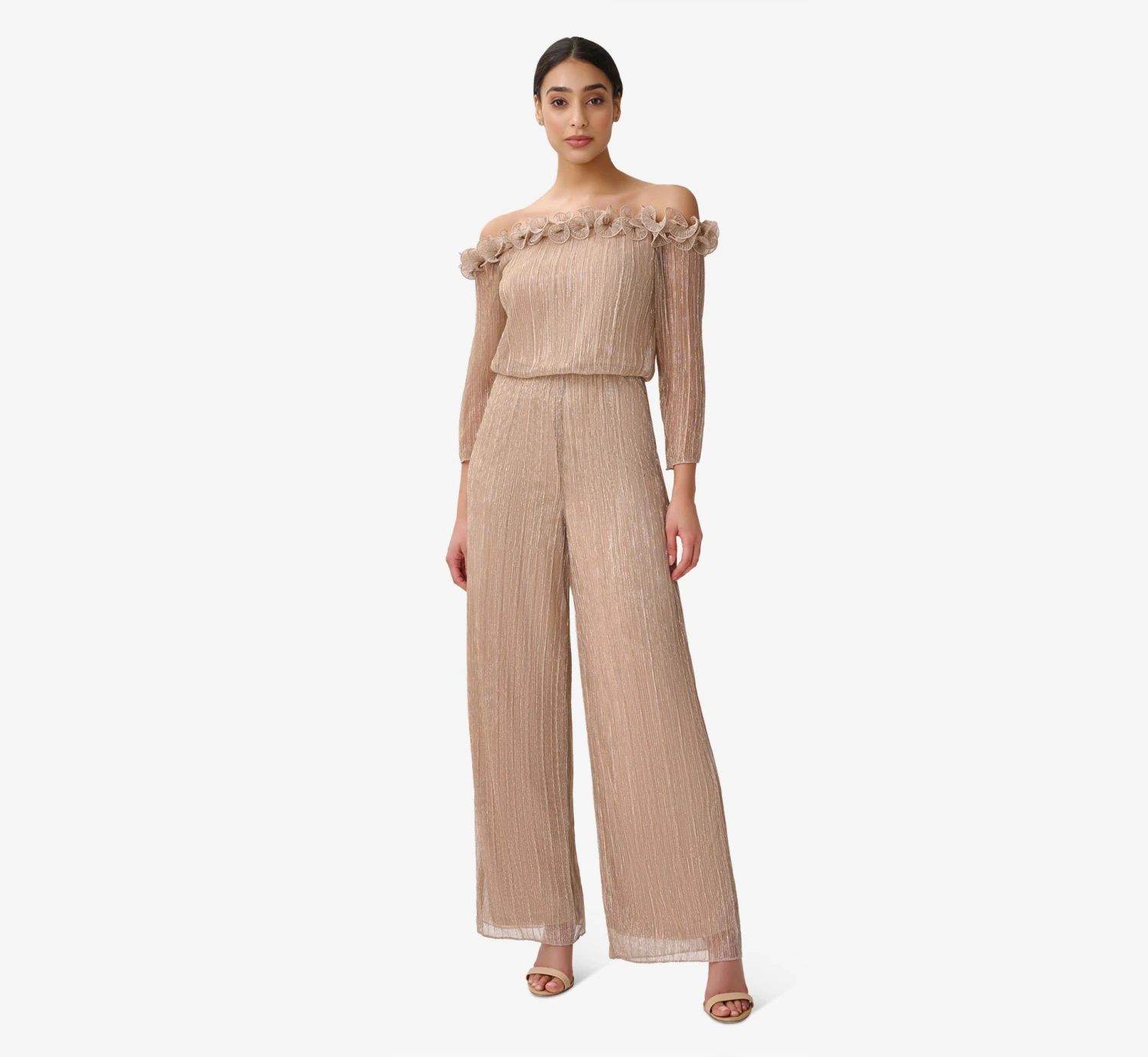 Adrianna Papell Metallic Crinkled Mesh Off-The-Shoulder Blouson Jumpsuit With Rosettes In Champagne Gold 1 Adrianna Papell Metallic Crinkled Mesh Off-The-Shoulder Blouson Jumpsuit With Rosettes In Champagne Gold