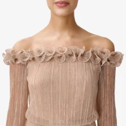 Adrianna Papell Metallic Crinkled Mesh Off-The-Shoulder Blouson Jumpsuit With Rosettes In Champagne Gold 5 Adrianna Papell Metallic Crinkled Mesh Off-The-Shoulder Blouson Jumpsuit With Rosettes In Champagne Gold -Glam Mirth Sales AP1E210065 AQ298 Regular Detail