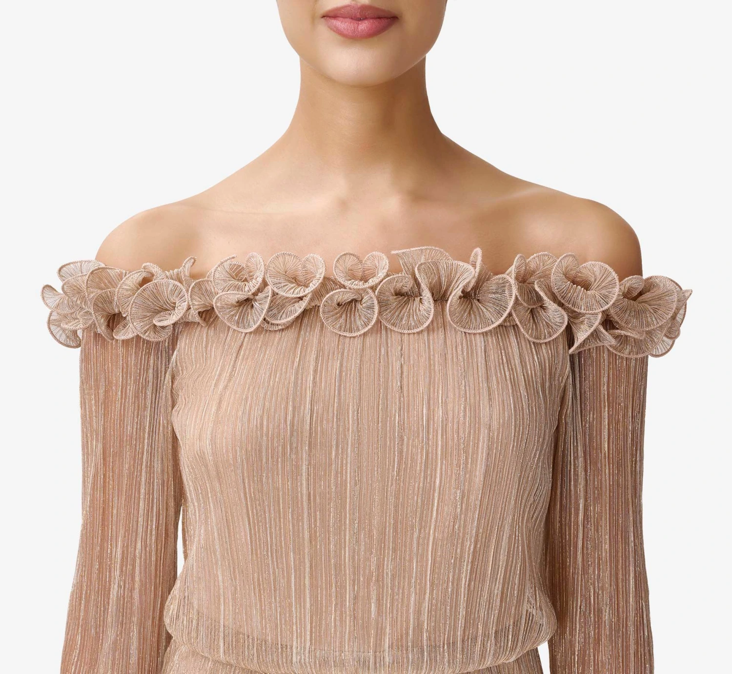 Adrianna Papell Metallic Crinkled Mesh Off-The-Shoulder Blouson Jumpsuit With Rosettes In Champagne Gold 3 Adrianna Papell Metallic Crinkled Mesh Off-The-Shoulder Blouson Jumpsuit With Rosettes In Champagne Gold - Image 3