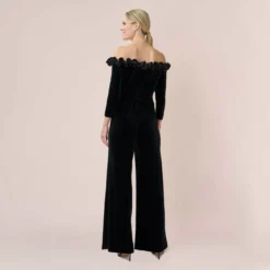 Adrianna Papell Off-The-Shoulder Velvet Blouson Jumpsuit With Satin Rosettes In Black 7 Adrianna Papell Off-The-Shoulder Velvet Blouson Jumpsuit With Satin Rosettes In Black -Glam Mirth Sales AP1E210067 AA002 Regular Back