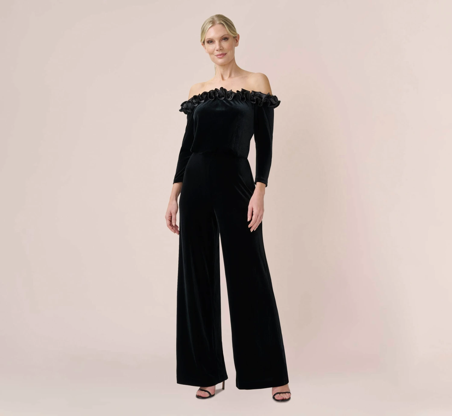 Adrianna Papell Off-The-Shoulder Velvet Blouson Jumpsuit With Satin Rosettes In Black 1 Adrianna Papell Off-The-Shoulder Velvet Blouson Jumpsuit With Satin Rosettes In Black
