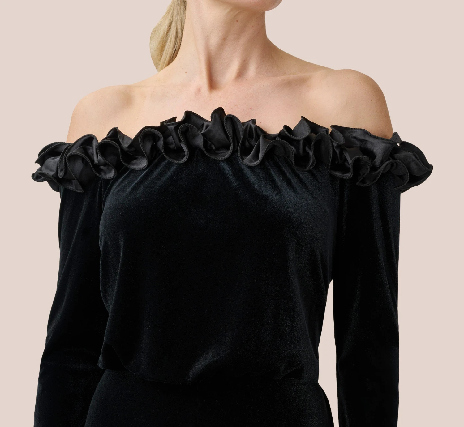 Adrianna Papell Off-The-Shoulder Velvet Blouson Jumpsuit With Satin Rosettes In Black 2 Adrianna Papell Off-The-Shoulder Velvet Blouson Jumpsuit With Satin Rosettes In Black - Image 2