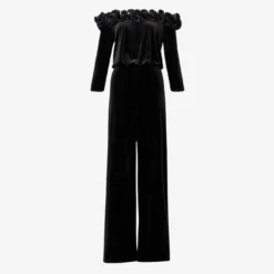 Adrianna Papell Off-The-Shoulder Velvet Blouson Jumpsuit With Satin Rosettes In Black 6 Adrianna Papell Off-The-Shoulder Velvet Blouson Jumpsuit With Satin Rosettes In Black -Glam Mirth Sales AP1E210067 AA002 Regular Flat