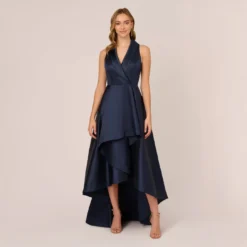 Adrianna Papell Mikado High/Low Midi-Length Tuxedo Gown In Midnight