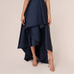 Adrianna Papell Mikado High/Low Midi-Length Tuxedo Gown In Midnight -Glam Mirth Sales AP1E210089 AB411 Regular Lifestyle
