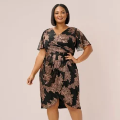 Adrianna Papell Plus Size Metallic Foil Crinkled Mesh Midi-Length Wrap Dress In Rose Gold Black