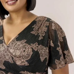 Adrianna Papell Plus Size Metallic Foil Crinkled Mesh Midi-Length Wrap Dress In Rose Gold Black -Glam Mirth Sales AP1E210096 AA695 Plus Detail