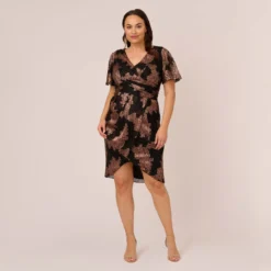Adrianna Papell Plus Size Metallic Foil Crinkled Mesh Midi-Length Wrap Dress In Rose Gold Black -Glam Mirth Sales AP1E210096 AA695 Plus Front