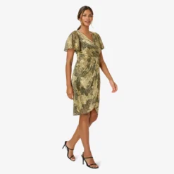 Adrianna Papell Metallic Foil Crinkled Mesh Midi-Length Wrap Dress In Gold Black 8 Adrianna Papell Metallic Foil Crinkled Mesh Midi-Length Wrap Dress In Gold Black -Glam Mirth Sales AP1E210096 AF298 Regular Alternate