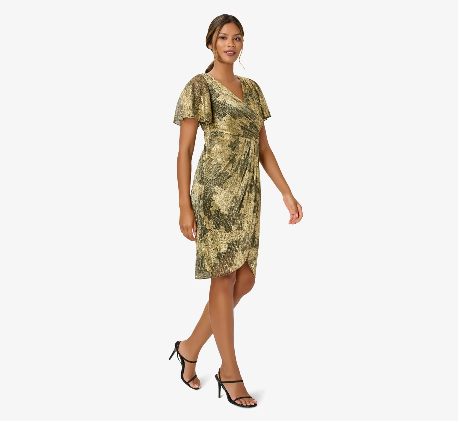 Adrianna Papell Metallic Foil Crinkled Mesh Midi-Length Wrap Dress In Gold Black 3 Adrianna Papell Metallic Foil Crinkled Mesh Midi-Length Wrap Dress In Gold Black - Image 3