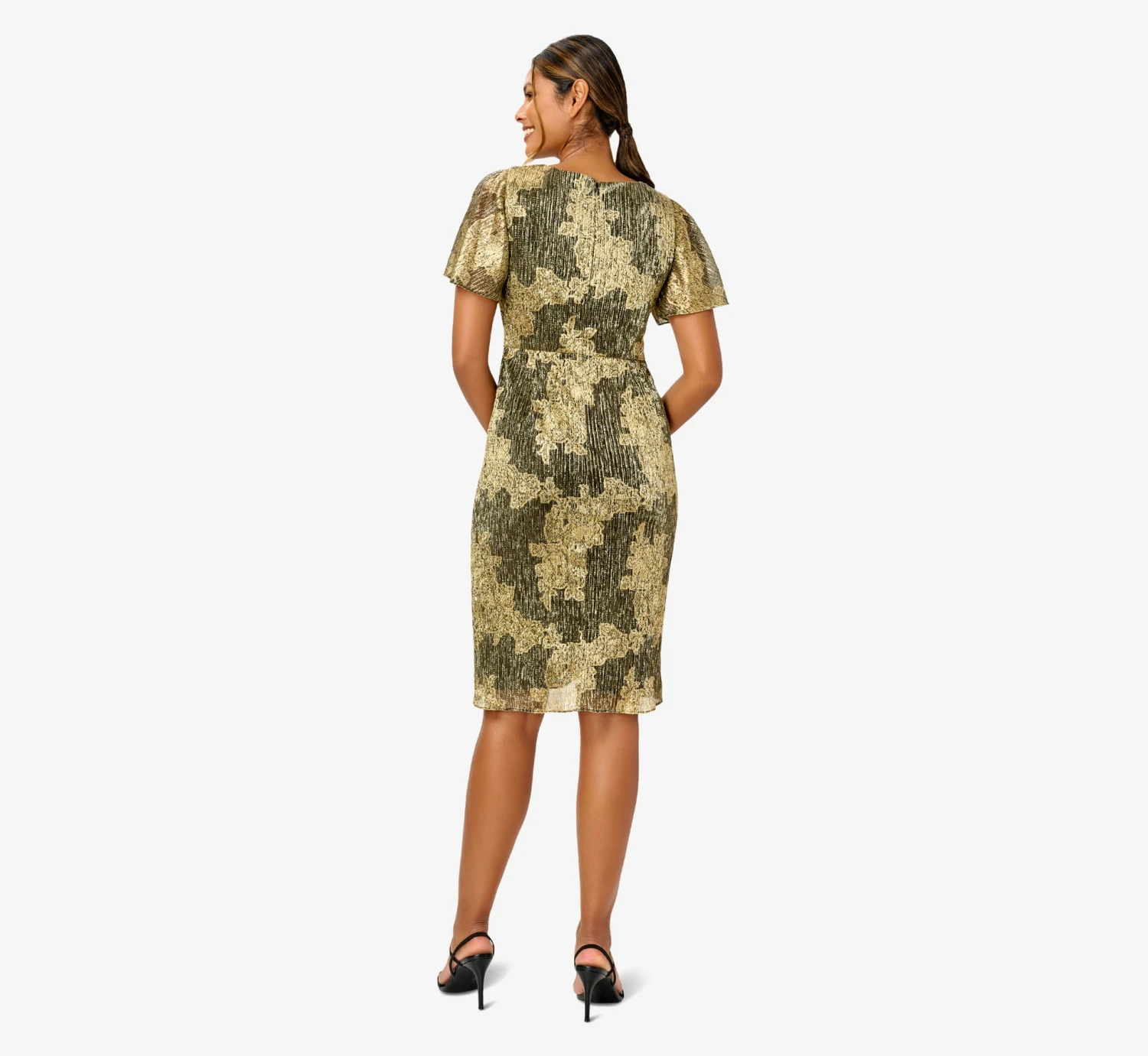 Adrianna Papell Metallic Foil Crinkled Mesh Midi-Length Wrap Dress In Gold Black 2 Adrianna Papell Metallic Foil Crinkled Mesh Midi-Length Wrap Dress In Gold Black - Image 2