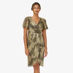 Adrianna Papell Metallic Foil Crinkled Mesh Midi-Length Wrap Dress In Gold Black