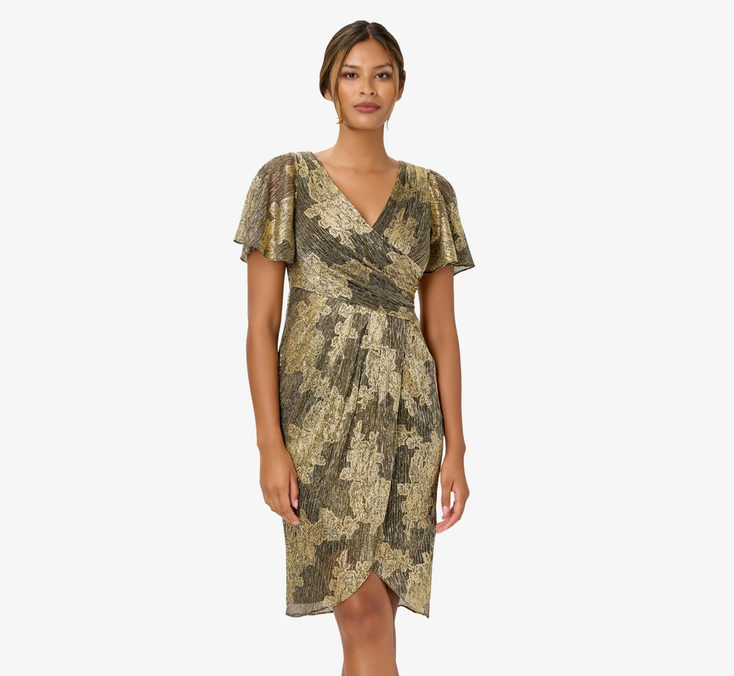 Adrianna Papell Metallic Foil Crinkled Mesh Midi-Length Wrap Dress In Gold Black 1 Adrianna Papell Metallic Foil Crinkled Mesh Midi-Length Wrap Dress In Gold Black