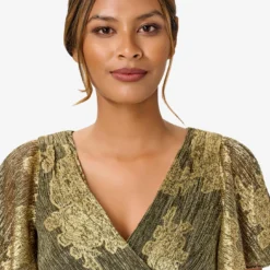 Adrianna Papell Metallic Foil Crinkled Mesh Midi-Length Wrap Dress In Gold Black 10 Adrianna Papell Metallic Foil Crinkled Mesh Midi-Length Wrap Dress In Gold Black -Glam Mirth Sales AP1E210096 AF298 Regular Detail