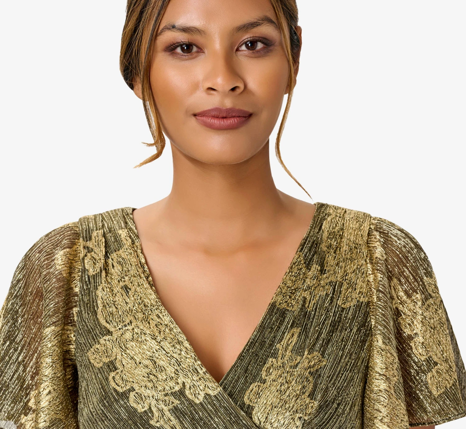 Adrianna Papell Metallic Foil Crinkled Mesh Midi-Length Wrap Dress In Gold Black 5 Adrianna Papell Metallic Foil Crinkled Mesh Midi-Length Wrap Dress In Gold Black - Image 5
