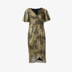 Adrianna Papell Metallic Foil Crinkled Mesh Midi-Length Wrap Dress In Gold Black 11 Adrianna Papell Metallic Foil Crinkled Mesh Midi-Length Wrap Dress In Gold Black -Glam Mirth Sales AP1E210096 AF298 Regular Flat