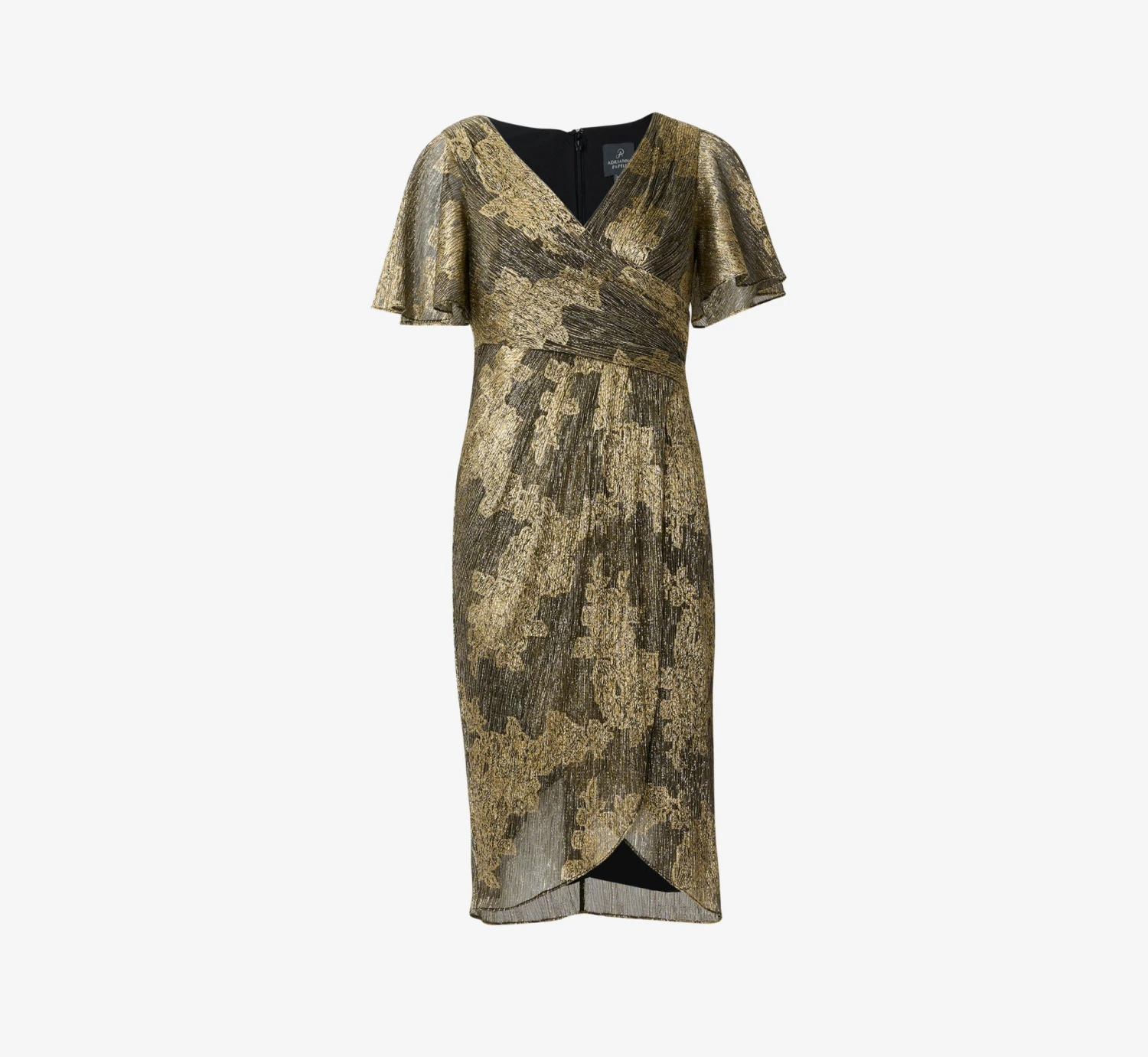 Adrianna Papell Metallic Foil Crinkled Mesh Midi-Length Wrap Dress In Gold Black 6 Adrianna Papell Metallic Foil Crinkled Mesh Midi-Length Wrap Dress In Gold Black - Image 6